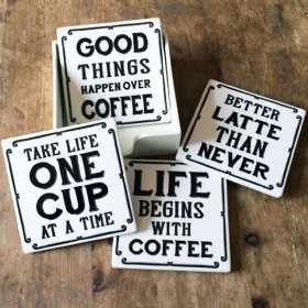 Vintage Coffee Quotes Coasters in Wooden Holder