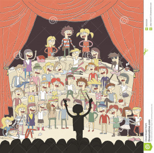 Funny school choir singing hand drawn illustration with group of ...