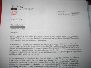Clark University acceptance letter... this one's the important one