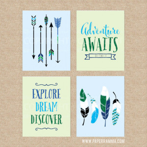 Woodland Nursery Art, Adventure Awaits Nursery Quote, Feather Artwork ...