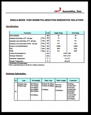 This is the Spec Sheet for SINGLE-MODE 1550/1590NM POLARIZATION ...
