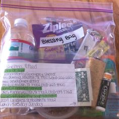 Blessing Bag:) water, fruit cup, fork, gronola bar, trail mix ...