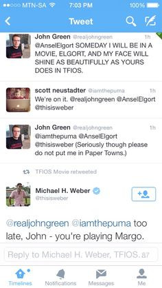 John Green is playing Margo in Paper Towns. Hahahaha More