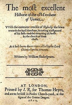 Title page of the first quarto of Merchant of Venice (1600)