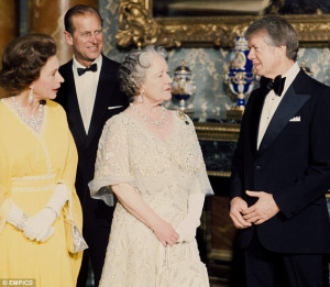 The Queen, prince Philip, the Queen mother talk with president Carter