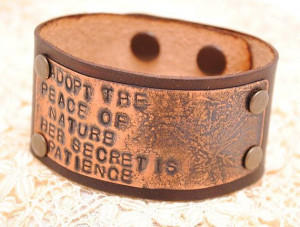 Copper and Leather Bracelet Etched Stamped Cuff Emerson Nature Quote