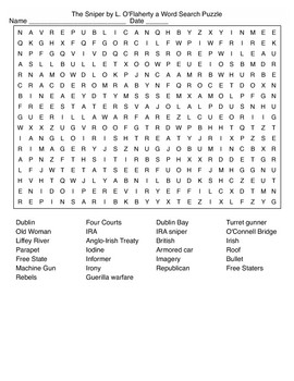 The Sniper by L. O'Flaherty a Word Search Puzzle and KEY