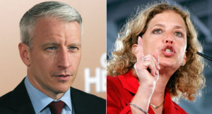 Anderson Cooper and Debbie Wasserman Schultz are pictured. | AP Photos