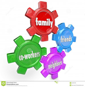 , Friends, Neighbors and Co-Workers on gears to illustrate a support ...