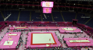 Pretty in pink: Gymnasts at a practice session at the North Greenwich ...