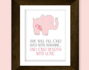 Baby elephant girl nursery art printable. Personalised. Featuring baby ...