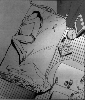 ... lonely anime white room pain sleep alone black draw bed manga dark