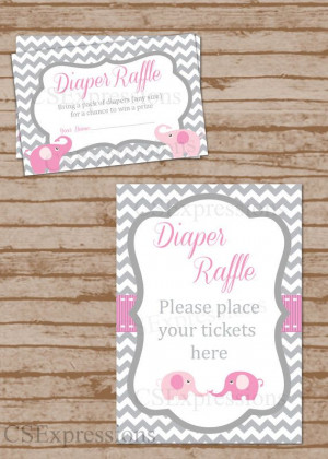 ... and Gray Elephant Baby Shower Diaper Raffle Tickets and Table Sign