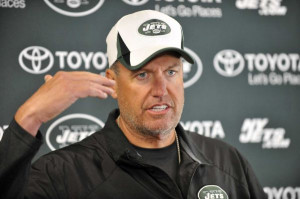 Rex Ryan talks to reporters during training camp in Cortland. (Aug. 14 ...