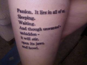 Epicbookshelves’s Buffy quote tattoo on her leg: