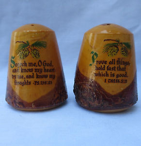 ... Vintage pair of wooden salt and pepper shakers with religious quotes
