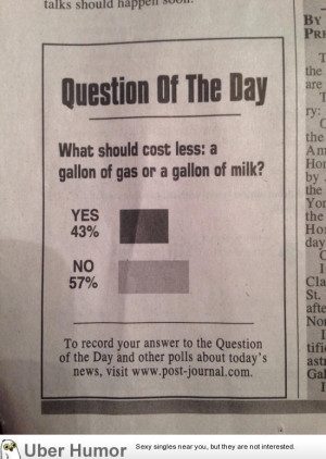 Question of the Day in my local newspaper: Milk or Gas, Yes or No?
