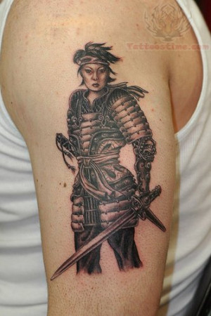 Samurai Warrior Grey Ink Tattoo Half Sleeve