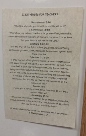 Bible verses for teachers that a Spanish teacher has on her wall.