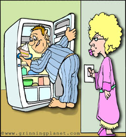 funny cartoon of husband up a night, looking in the fridge for a ...