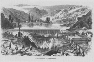 Miners search for gold in a riverbed. Harper's Weekly magazine, 1850s ...