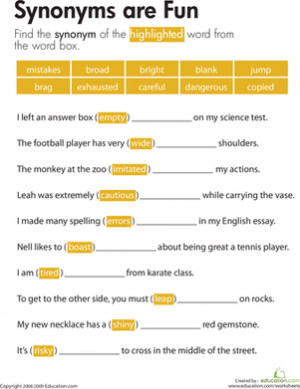 Third Grade Vocabulary Spelling Worksheets: Synonyms are Fun