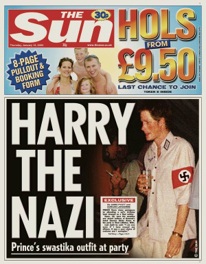 英国报章关于哈里王子身着纳粹装狂欢的大幅报道
