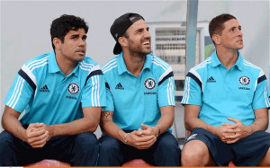 Chelsea's new signings Diego Costa and Cesc Fabregas watch the pre ...