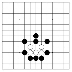 Figure 1: Ancient go problem on a 13x13-board: Can White escape?