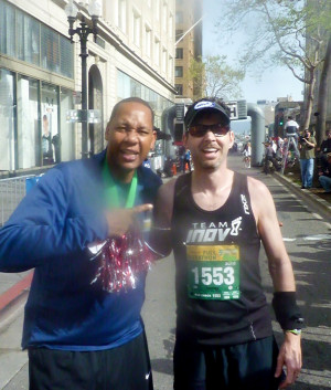 Comedian Mark Curry greets me at the finish...sorry about the smudge ...