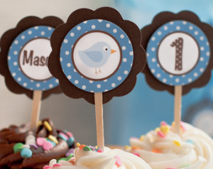 Little Birdie Cupcake Toppers Happy Birthday Party Decorations in Blue