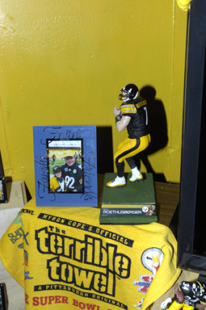 Some of the Steeeler memorabilia in Mike Hanes' basement.