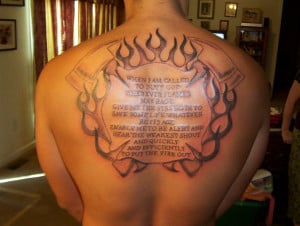 Colored Flaming Firehighter Tattoo On Shoulder
