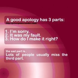 good apology has 3 parts 1. i'm sorry. 2. it was my fault. 3. how do ...