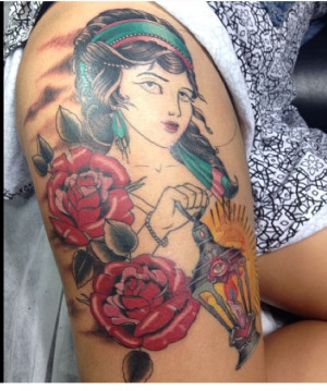 Red Flower And Grey Ink Gypsy Tattoo