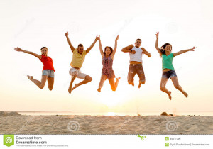 smiling-friends-dancing-jumping-beach-friendship-summer-vacation ...