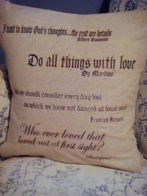 Burlap pillow with quotes.
