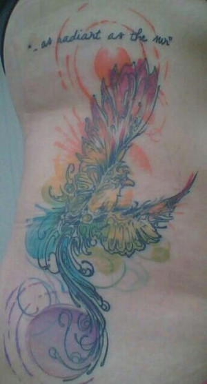 Flying Phoenix Abstract Water Color Tattoo On Side Rib