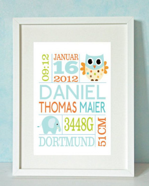 Boys Owl and Elephant Personalized Birth Print by RockMapleSugar, etsy ...