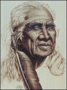 ... detail for -Pyrography by Rodger Letkeman, E-Museum Chief Dan George