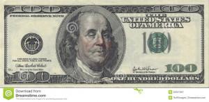 US Hundred Dollar bill with Drunken Ben Franklin.