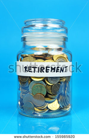 jar with coins with retirement label on blue background - stock photo