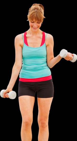 Woman Exercising With Arm Weights While Wearing EVB Sports Shorts and ...