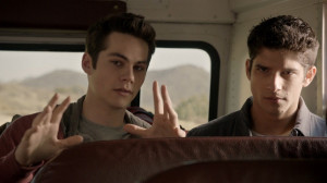 Back at the rest stop, Stiles babbles nervously since he hates needles ...