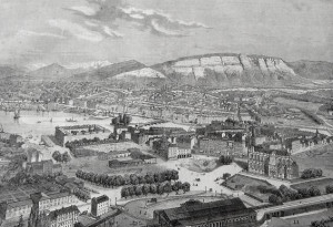 view of Geneva from 1860. Unknown artist. Public domain.
