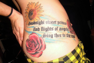 sweet good night quote from Shakespeare with sunflowers and roses