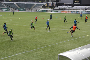 David Horst passes the ball during a game of keep away.