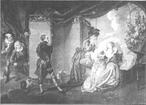 From Act III, scene iv. Olivia, Maria, and Malvolio at Olivia's house.