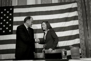 Mike McGavick and Sen Maria Cantwell greet each other prior to a