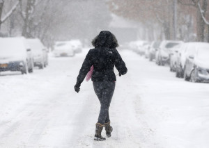 walks through morning snow in Albany, N.Y., Jan. 2, 2014. Snow ...